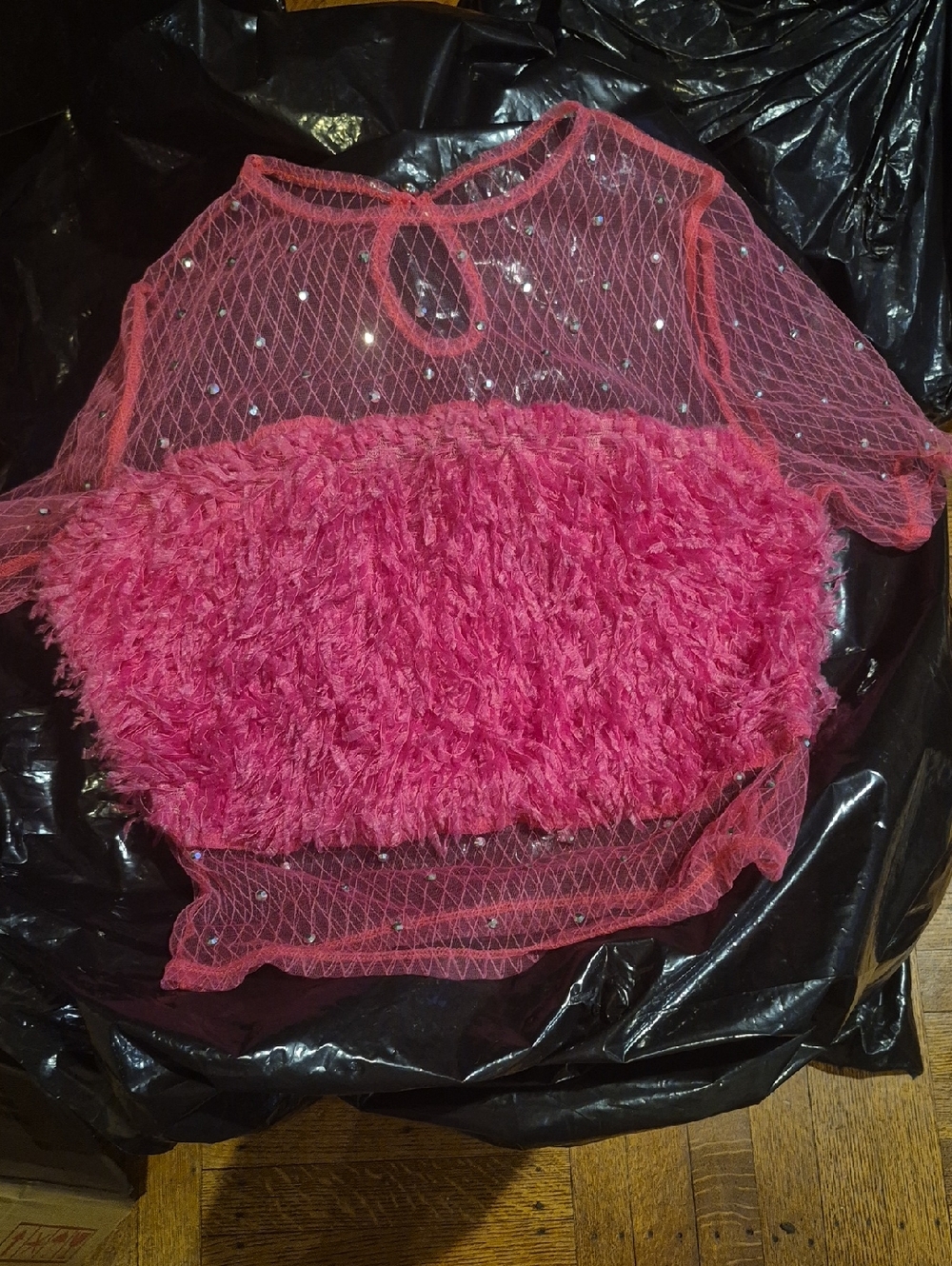 SHEIN Fuchsia Sheer Sequin Mesh Top with Fuzzy Front